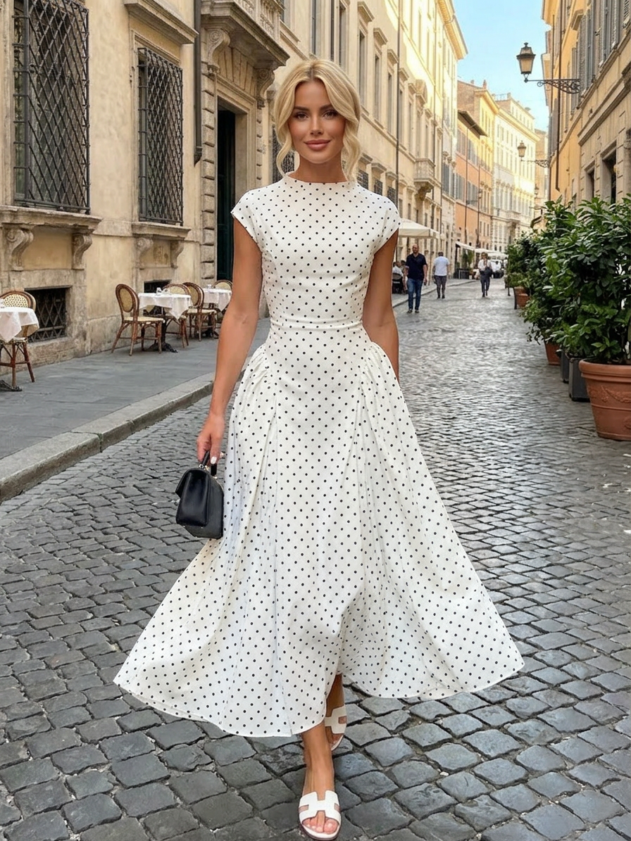 Elodie Polka Dot Mock Neck Midi Dress